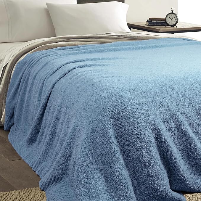 JOOJA Dusty Blue Fuzzy Knitted Blanket, Soft Lightweight Plush Queen Size for Bed, Cozy Nights in Dusty Blue, 90x90