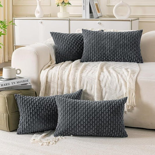 Set of 4 Medium Grey Decorative Throw Pillow Covers 12x20 Inch Corduroy Pillow Covers for Bed Couch Sofa Living Room Soft Cushion Cases