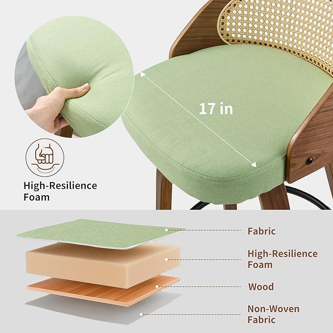 26 inch Swivel Bar Stools with Back, Set of 2 Modern Walnut Bar Chairs, Green Textured Fabric Upholstered Counter Height Stools with Rattan Back for Kitchen Island & Dining Room