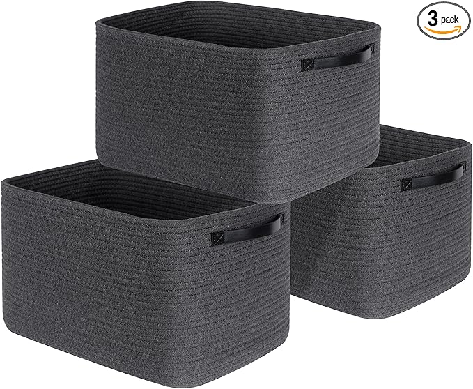 MINTWOOD Design 3-Pack Decorative Woven Storage Baskets for Shelves, Cube Bin Box for Organizing Books, Shoes, Dog Toys, Pantry Closet and Living Room Organizer, Charcoal / Black