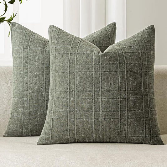 MIULEE Decorative Linen Check Throw Pillow Covers Neutral Farmhouse Vintage Pillow Covers 16x16 Set of 2 Boho Modern Home Decor for Sofa Couch Bedroom Cushion Olive Green