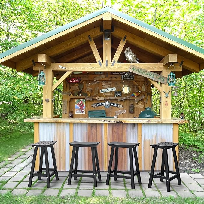 nalone 24 Inch Outdoor Bar Stools Set of 2, HDPE Bar Chairs with Footrest, Weather Resistant Barstool Outside Stools for Bars, Kitchen Counter, Balcony(Black, 24'' Barstools Set of 2)