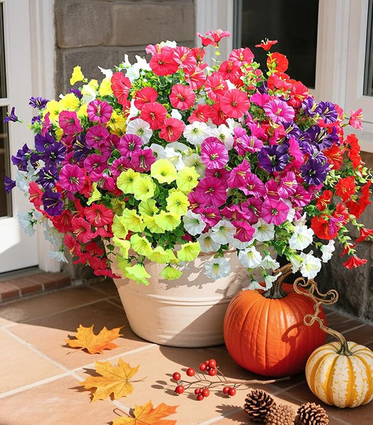 Artificial Flowers Fake Plants for Outdoors Decoration, 12 Bundles Silk Morning Glory with Eucalyptus Realistic UV Resistant Faux Flowers for Outside Planter Porch Yard Patio Garden Home Indoor, Mix