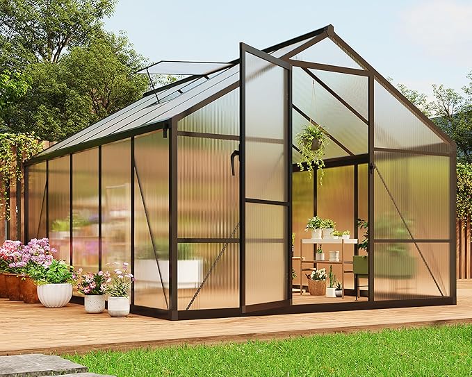 8 x 10 FT Greenhouse, Greenhouses for Outside, Polycarbonate Greenhouse with Aluminum Frame, Lockable Door and Ajustable Roof Vent for Backyard, Green Houses for Outside Garden Backyard, Patio