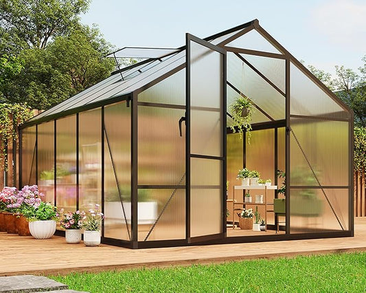 8 x 10 FT Greenhouse, Greenhouses for Outside, Polycarbonate Greenhouse with Aluminum Frame, Lockable Door and Ajustable Roof Vent for Backyard, Green Houses for Outside Garden Backyard, Patio