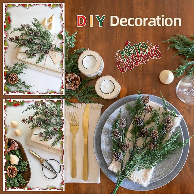 Faux Cedar Stems Artificial Norfolk Pine Branches for Christmas Decor, 12 PCS Fake Pine Stems with 2 PCS Pine Cones Branches Real Touch Realistic Faux Greenery for Vases DIY Garland Xmas Table Indoor