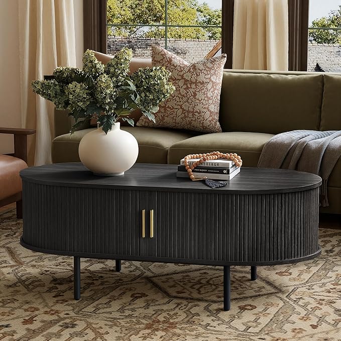 Modern Coffee Table with Storage, 47.2" Oval Fluted Coffee Table with Sliding Doors, Minimalist Tea Table with Wood Grain Veneer, Mid Century Center Tables for Living Room, Apartment, Black