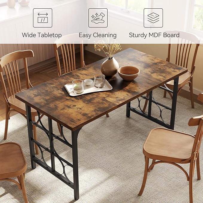 LITTLE TREE Farmhouse Dining Table for 4-6, 54.7-Inch Wooden Rectangle Kitchen Dining Room Table, Industrial Rustic Dinner Desk for Kitchen, Living Room, Home, Brown