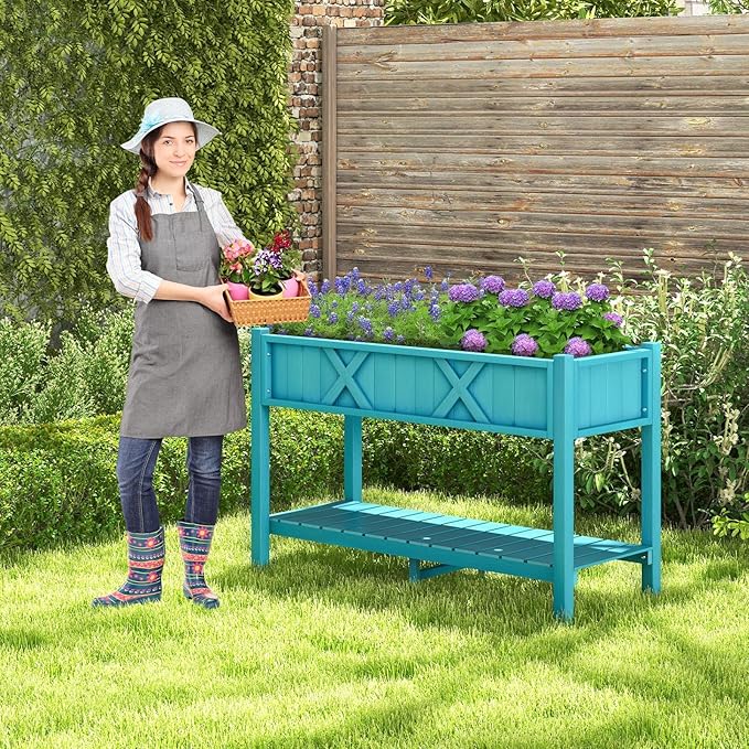 Giantex HIPS Raised Garden Bed, Elevated Planter Box w/Legs, Storage Shelf, Drainage Holes, Weather-Proof Standing Raised Beds for Backyard Porch Balcony Flower Herb (Blue, 44" x 18" x 29")