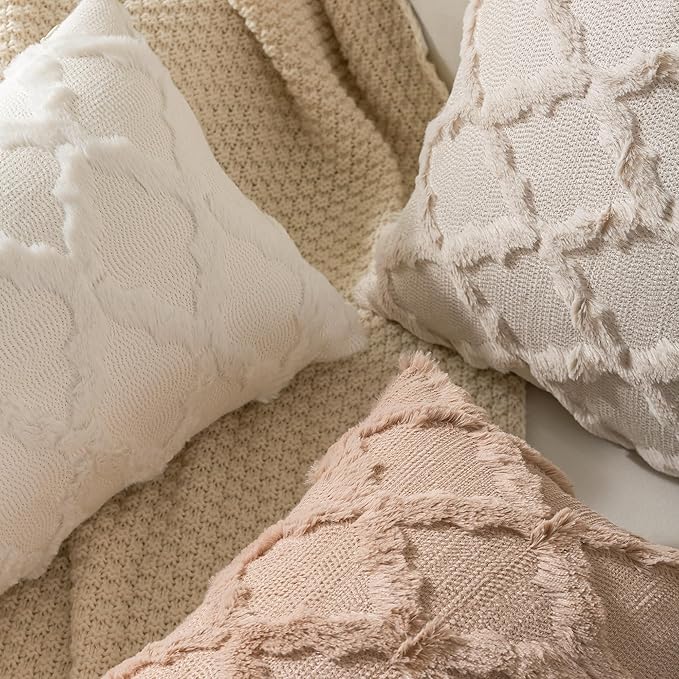 Set of 2 Soft Moroccan Throw Pillow Covers 12x20 Inch Plush Boho Decorative Pillow Cover Accent Cushion Case for Couch Sofa Bed, Light Brown