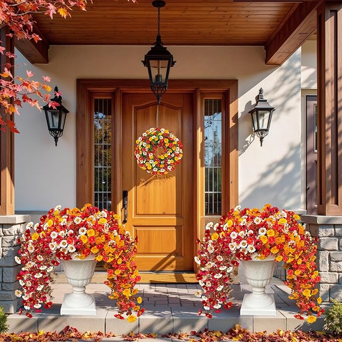 8PCS Artificial Fall Hanging Flowers for Outdoor, Fake Silk Petunias Plants, Fake Mums, Fall Outdoor Decoration, UV Resistant, Morning Glorias, for Home Garden Porch Decor (Deep Autumn)