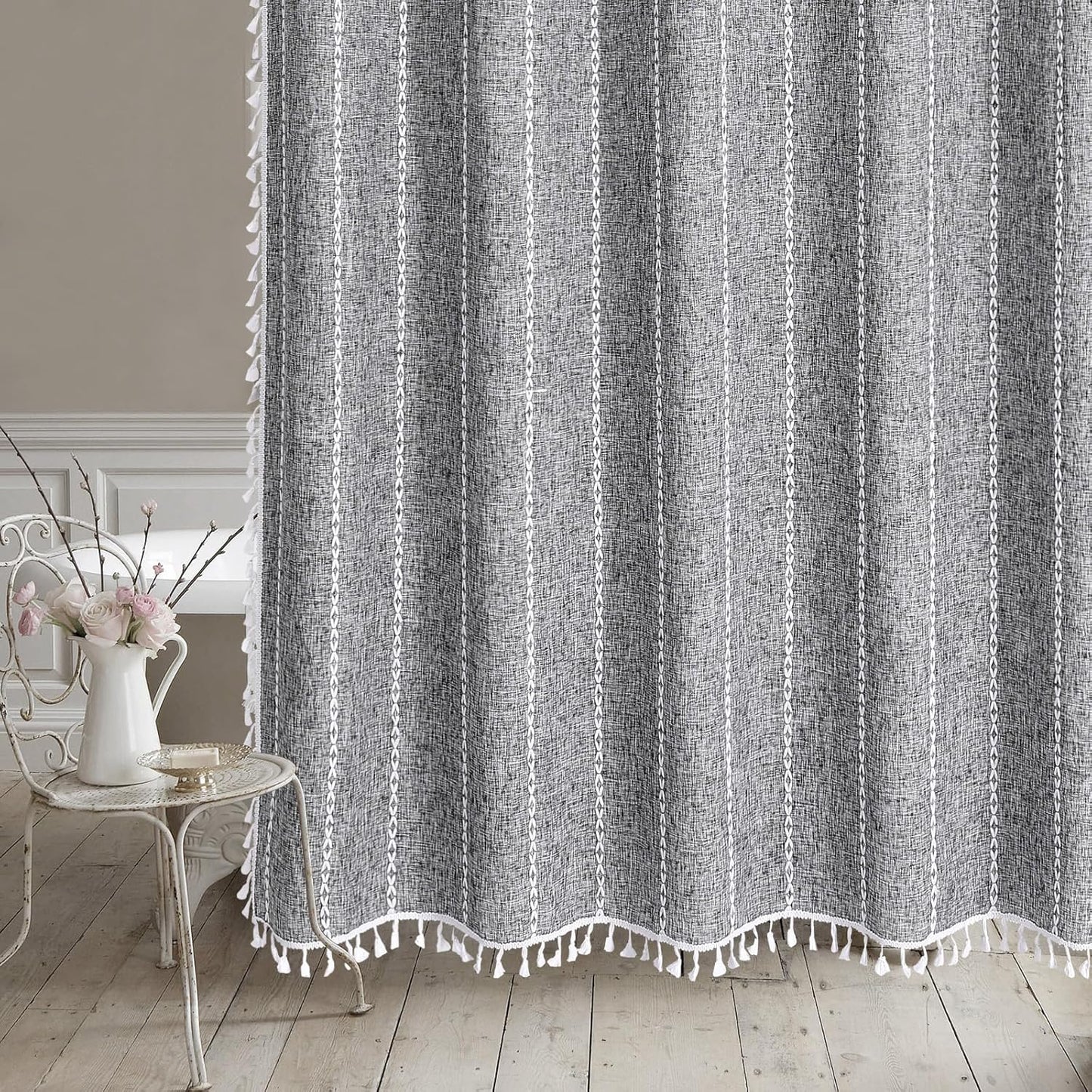 MitoVilla Dark Grey Farmhouse Shower Curtain Set 72 x 78, Boho 78 inch Long Polyester Linen Tassel Fabric Shower Curtain Set for Chic Cottagecore French Rustic Bathroom Decor, Charcoal Grey