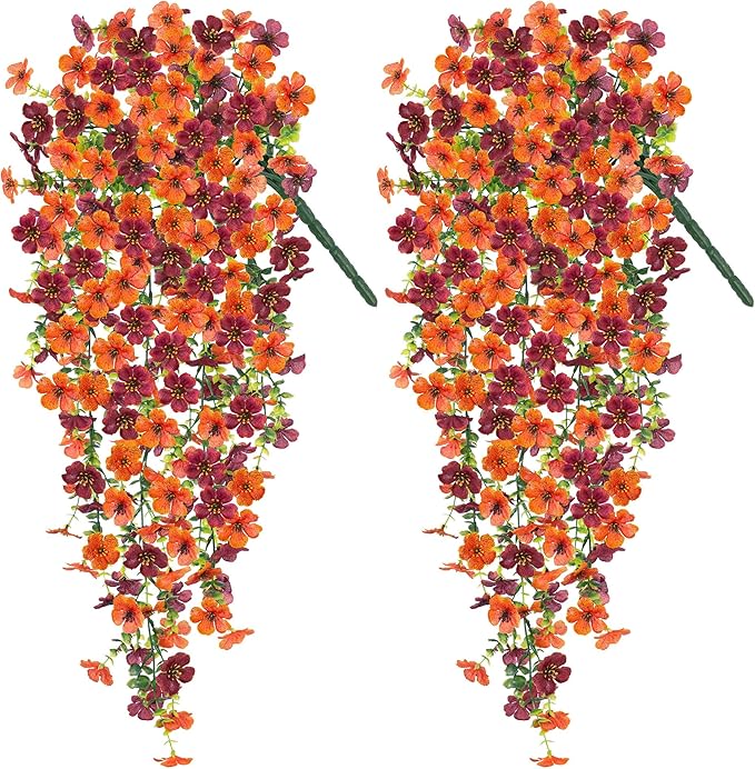 Fake Mums Artificial Hanging Flowers for Outdoor Fall Decoration, 2 PCS Silk Daisy Flower Realistic Faux Plants UV Resistant for Porch Patio Window Yard Outside Autumn Decor(Orange Brown)