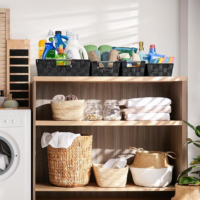 Sorbus Set of 9 Woven Storage Baskets – Mesh Hand-Woven Baskets for Organizing, Fabric Storage Bins for Linen Closet Organizer, Storage Baskets for Shelves, Home Organization and Decor (Black)