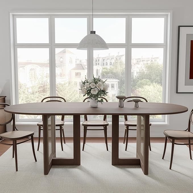 Casaphoria 79" Dining Table for 8, Wood Kitchen Table with Scratch-Resistant Top & Rattan Base, Modern Farmhouse Oval Dining Table for Living Room, Kitchen, Easy Assembly, Walnut (Chairs not included)