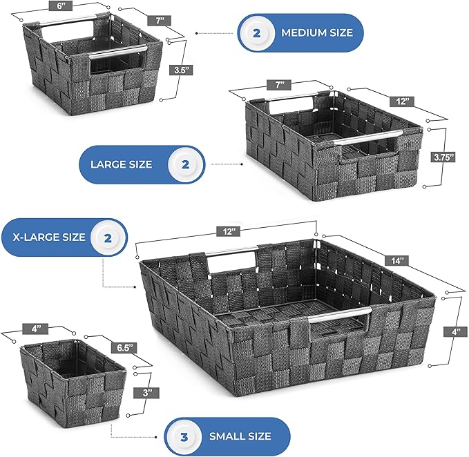 Sorbus Set of 9 Woven Storage Baskets – Mesh Hand-Woven Baskets for Organizing, Fabric Storage Bins for Linen Closet Organizer, Storage Baskets for Shelves, Home Organization and Decor (Gray)