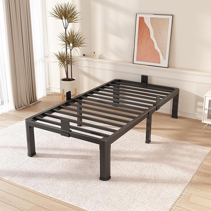 FUIOBYVV Twin Bed Frames with Round Corner Edge Legs, 14 Inch High 3500 lbs Heavy Duty Metal Platform Bed Frame Twin Size, No Box Spring Needed/Non-Slip/Steel Slat Support/Noise Free