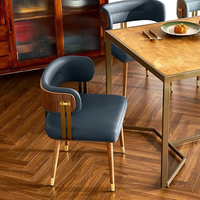 Modern Mid-Century Upholstered Leather Dining Chairs with High-Resilience Foam, Walnut Wood Veneer&Gold Metal Legs,Dining Chairs with Anti-Slip Pads,Navy Blue