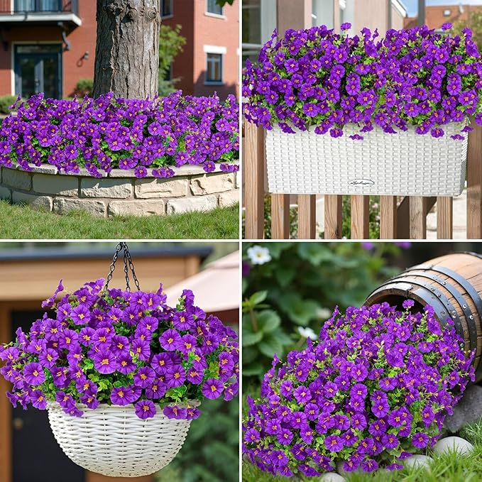 Ouddy Decor 24 Bundles Artificial Flowers for Outdoors Decoration Fake Silk Morning Glory Flowers Faux Eucalyptus Plants UV Resistant for Porch Patio Garden Spring Summer Home Decor, Purple