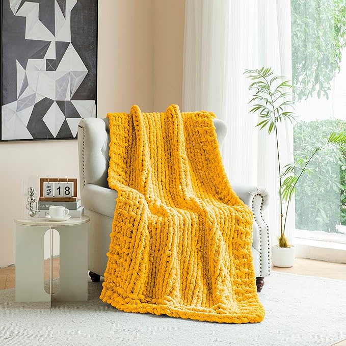 clootess Chunky Knit Blanket Knitted Throw Crochet Chenille Yarn Woven for Bed Sofa Textured Thick Cable Decor (Turmeric 40x60 in)