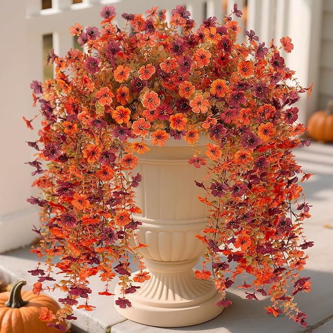 Fake Mums Artificial Fall Hanging Flowers for Outdoors Decoration 2 PCS Faux Mums for Outdoor Planters Fake Plants Look Real Daisy Flower No Fade Autumn Decor for Porch Home Patio Balcony and Yard