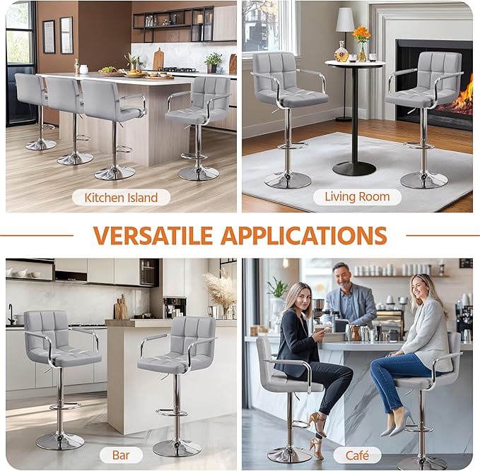Yaheetech Bart Stools Set of 4, PU Leather Adjustable Barstools with Armrest, Counter Height Stool Chairs with Thickened Seat Cushion for Kitchen Island, Light Grey