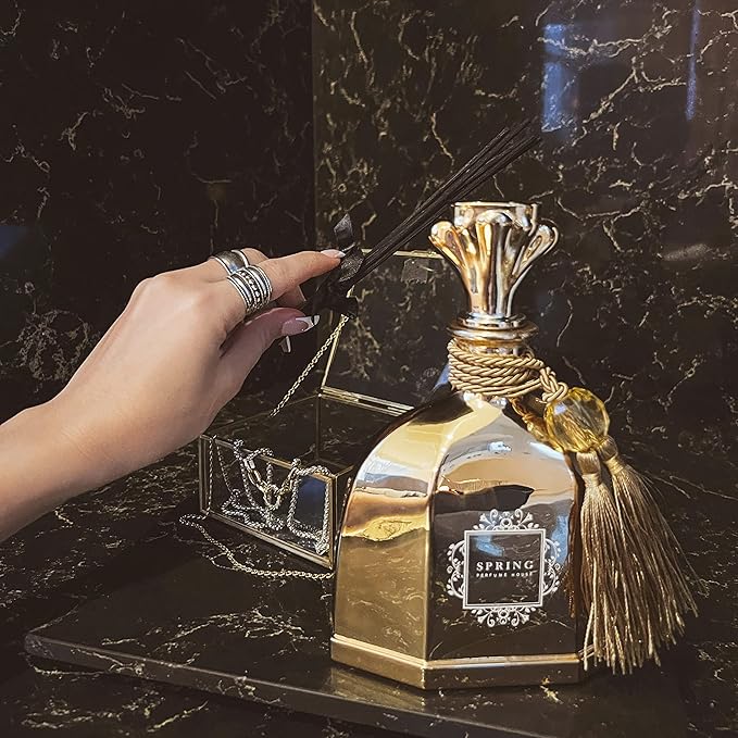 SPRING Fragrance Gold Reed Diffuser Set, Extra Large 10.14 Oz (300ml), Fragrance Made in France, Jasmine, Lily of The Valley, Tuberose, Air Fresheners for Home/Luxury Diffusers for Home