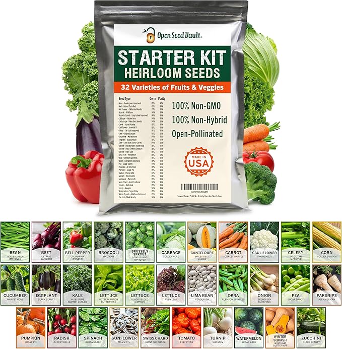 Open Seed Vault 15,000 Non GMO Heirloom Vegetable Seeds for Planting Vegetables and Fruits - 32 Variety Pack of Vegetable Seeds for Gardening, Survival Gear, Seed Vault Emergency Supplies Kit