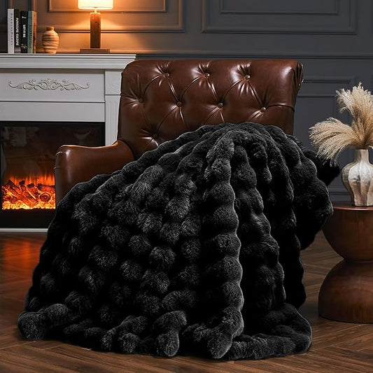 Faux Fur Throw Blanket for Couch, Fluffy Fuzzy Plush Bubble Blanket, Soft Warm Cozy Shaggy Rabbit Blanket, Luxury Decorative Gifts for Sofa Bedroom Living Room, 60x50inch (Black)