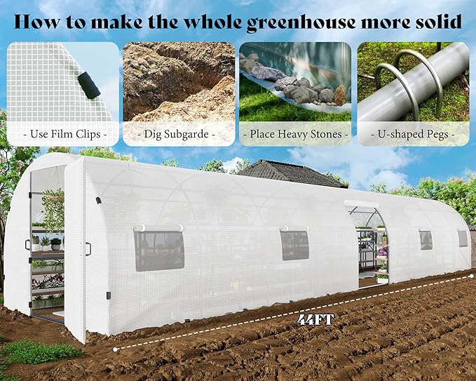 AMERLIFE 44x10x7.5 FT Tunnel Greenhouse for Outdoors, Large Walk-in Greenhouse kit with Galvanized Steel Frame, Swing Door & Premium PE Cover, White