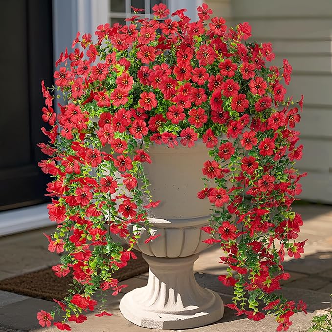 Artificial Hanging Flowers for Outdoors Faux Plants Decoration, 2 Packs Fake Silk Daisy Flower Realistic Outdoor Flowers UV Resistant Porch Patio Window Yard Outside Decor(Red)