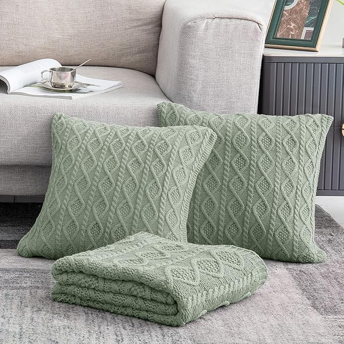 Homiest Cable Knit Throw Blanket and Pillow Set, Sage Green Set of 3, Knitted Throw (50"x60") & 2 Pillow Covers (18"x18"), Soft & Cozy Decorative for Couch Bed Sofa