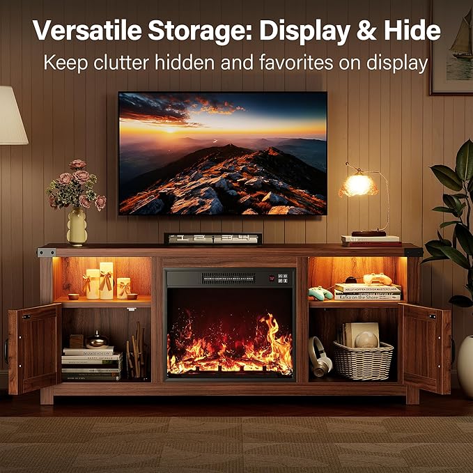 YESHOMY Fireplace TV Stand with Mood Lighting, LED TV Stand with Open Shelf, Farmhouse Media Console with Hidden Cable Routing, Entertainment Center for Televisions up to 65+ Inch, Walnut
