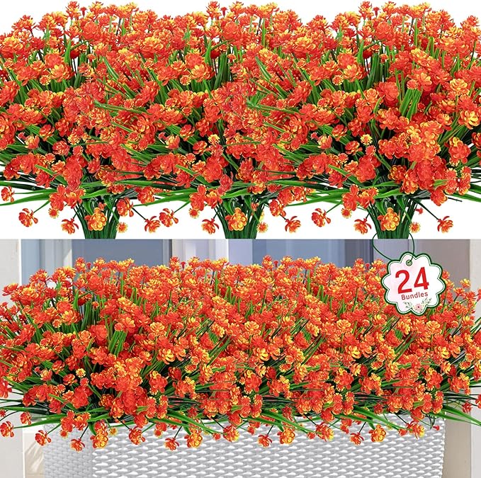 Ouddy Decor 24 Bundles Artificial Fall Flowers for Outdoors Decoration UV Resistant Fake Mums Faux Plastic Plants for Indoor Outdoor Home Garden Porch Autumn Harvest Decor, Orange