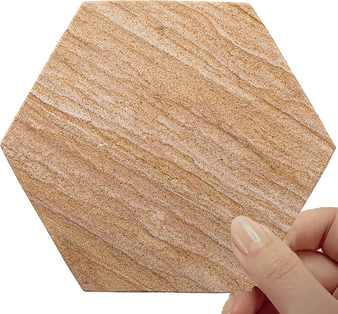 Sandstone Water Absorbent Hand Crafted Hexagon Coasters for Drinks - 4 Inches Wide Thirsty Stone Bar/Drink Coasters- Made from Rainbow Sandstone (Set of 6 Without Holder)
