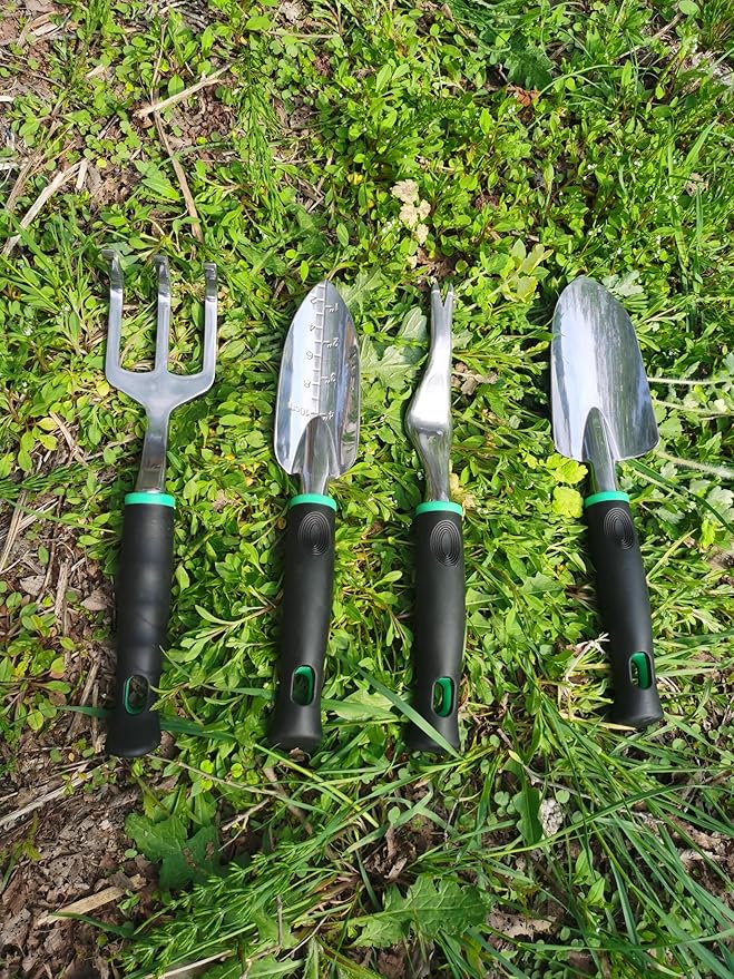 Garden Tools Set, 4 Piece Aluminum Hand Tool Kit with Ergonomic Handle, Heavy Duty Gardening Tools Include Hand Trowel, Transplant Trowel, Hand Rake and Weeder for Man and Women (Green)