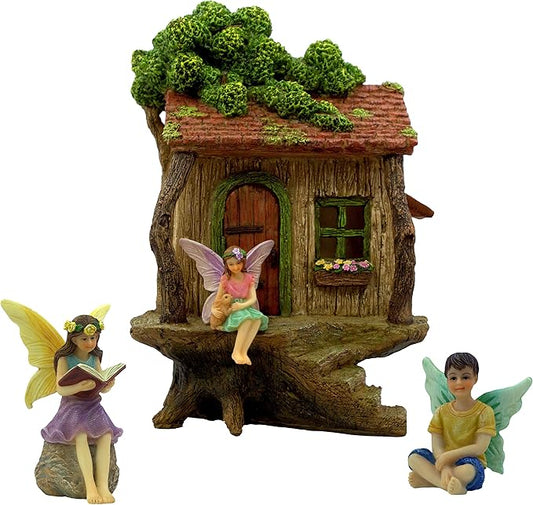 PRETMANNS Fairy House Kit - Fairy Garden Accessories for Outdoor Miniature Village Decor, with Three Fairies - House, 9’ High & Door can Open Wide - 4 Piece Supplies