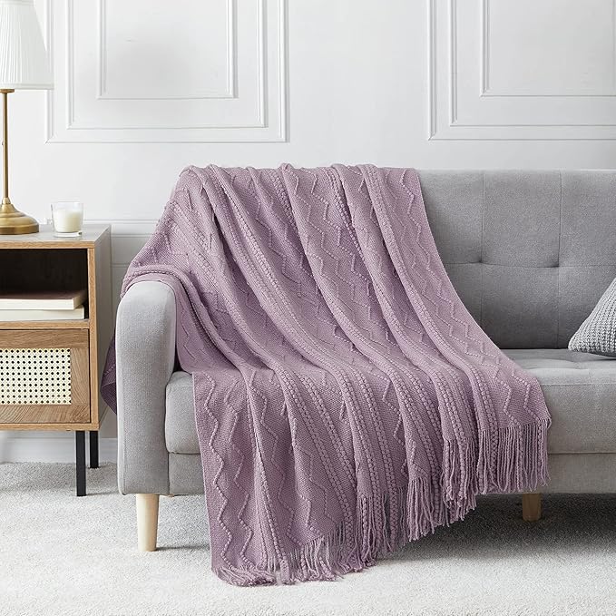 BOURINA Light Lavender Throw Blanket 50x60 Inches Throw Textured Solid Soft Sofa Couch Decorative Knit Blanket