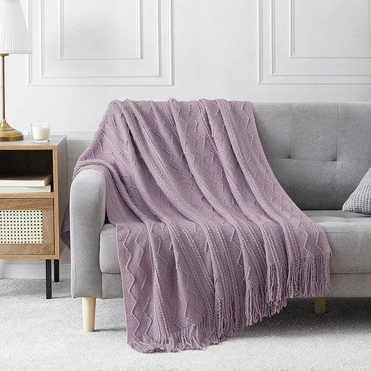 BOURINA Light Lavender Throw Blanket 50x60 Inches Throw Textured Solid Soft Sofa Couch Decorative Knit Blanket