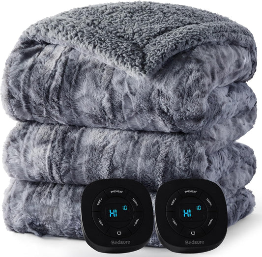 Bedsure Faux Fur Electric Blanket Queen Size, Dual Control Heated Blanket Queen, Fast Heating Blanket with 10 Heating Levels & 10 Time Settings, Cozy Gifts for Women Men (84x90 inches, Grey)