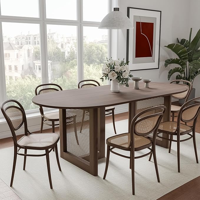 Casaphoria 67" Dining Table, Wicker Base Modern Kitchen Table for 4-6, Farmhouse Style with Oval Top & Wicker Base, Easy Assembly for Living Room, Kitchen, Walnut Wood