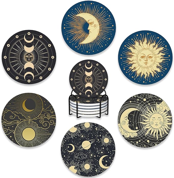Drink Coasters Set of 6 with Holder,Gold Sun Moon Clouds Stars Absorbent Ceramic Coasters with Cork Base,Fit All Cups,Tabletop Protection Mat for Mugs and Cups,Office,Kitchen