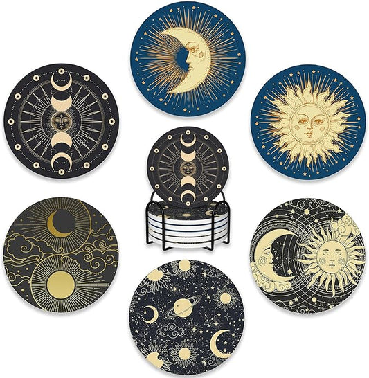 Drink Coasters Set of 6 with Holder,Gold Sun Moon Clouds Stars Absorbent Ceramic Coasters with Cork Base,Fit All Cups,Tabletop Protection Mat for Mugs and Cups,Office,Kitchen