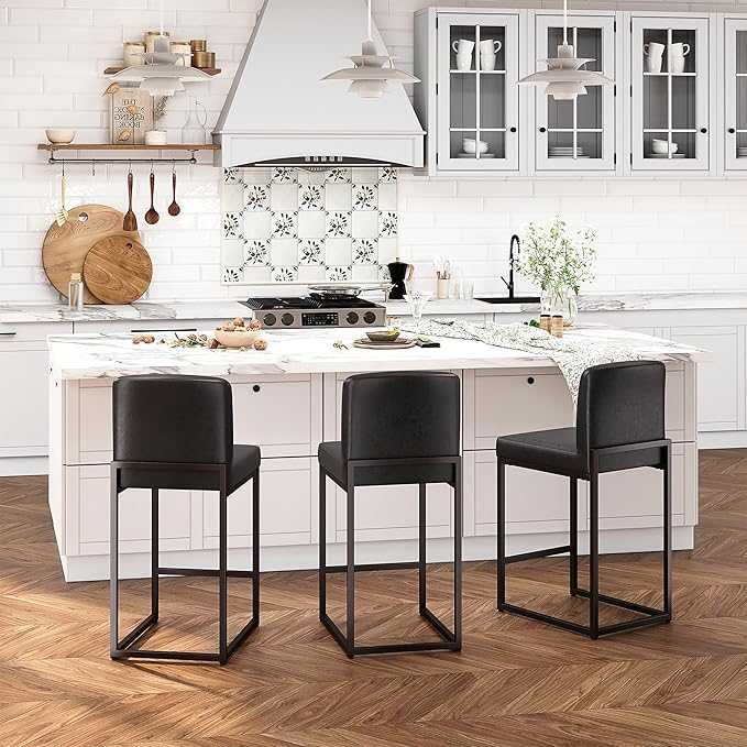 ALPHA HOME Counter Height Bar Stools, 24” Kitchen Counter Stools Set of 1, Pu Leather Kitchen Modern Bar Chairs with Back&Footrest, Sturdy Chromed Metal Steel Frame, Black