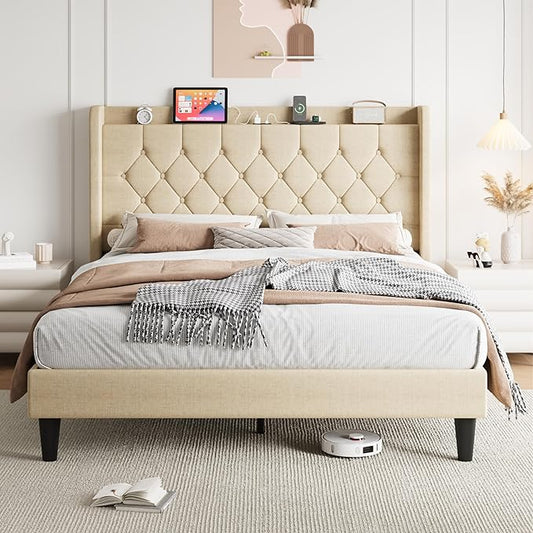 SHA CERLIN Full Size Platform Bed Frame with Charging Station, Velvet Wingback Headboard with Storage Shelf, Wooden Slats Support, Ample Under-Bed Space, No Box Spring Needed, Easy Assembly, Beige