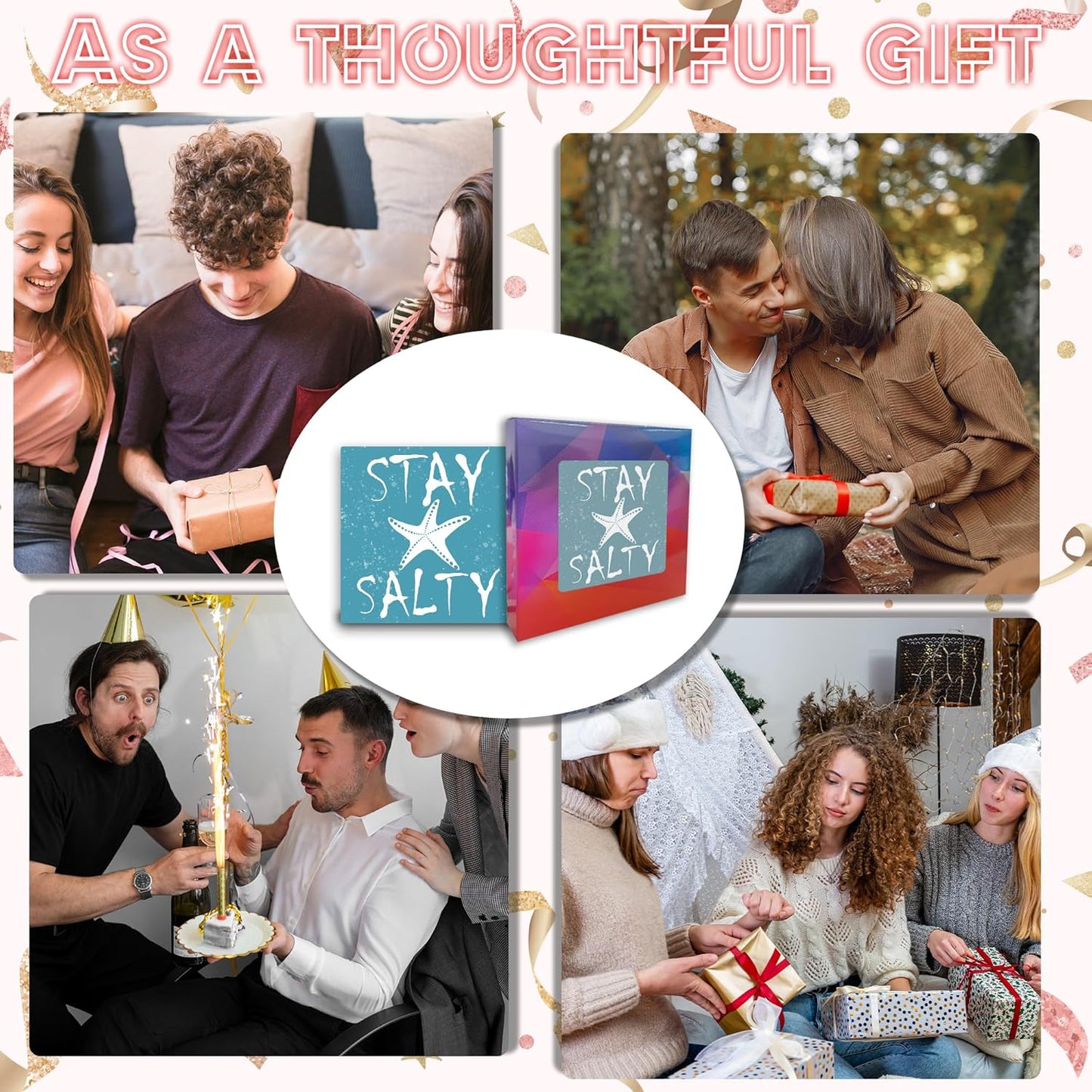 Stay Salty Wooden Block Plaque - Starfish & Summer Blue Tabletop Sign Decor For Friends Family Coworker - 5"x5" Office Room Home Wood Block - Funny Beach Desk Gifts Favors & Supplies - A04