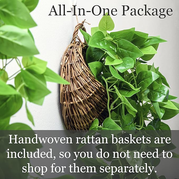 2-Pack Artificial Plants (with Baskets) - Ivy Vines Pothos - Outdoor & Indoor Decorations - Wall Faux Hanging Vine with Fake Leaves