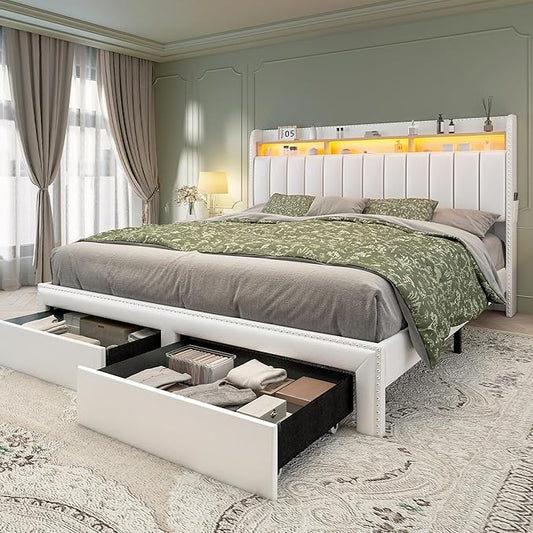 Torana Queen LED Bed Frame with 2 Drawers, PU Leather Upholstered Storage Wingback Headboard Beds, Channel Tufted Platform Bedframe with Rivet Decor, No Box Spring Needed, White