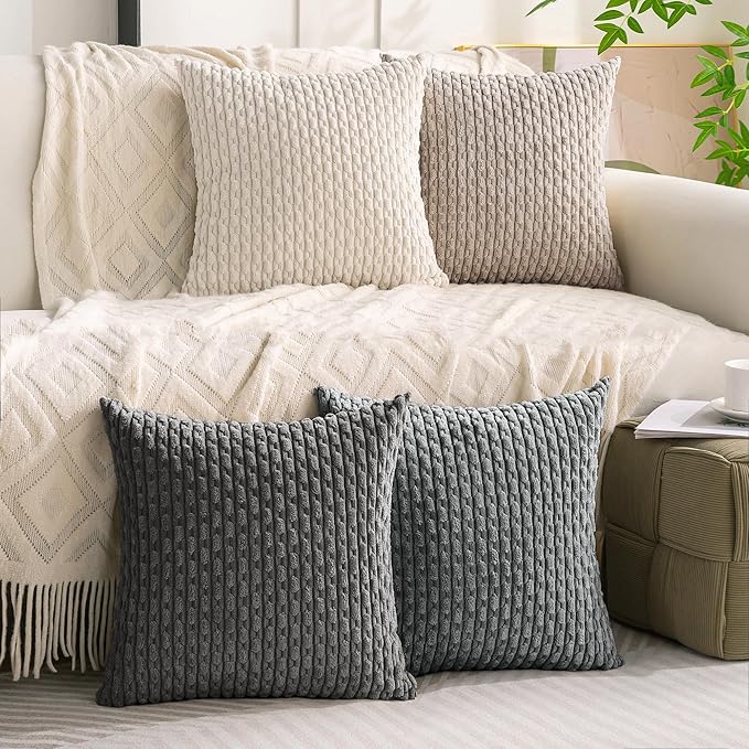 Set of 4 Grey White Taupe Decorative Throw Pillow Covers 22x22 Inch Corduroy Pillow Covers for Bed Couch Sofa Living Room Soft Square Cushion Cases