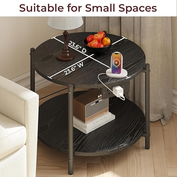 LIKIMIO Round Side Table Set of 2, 23.6" W End Table with Charging Station, Modern Wooden Nightstand for Small Spaces, Living Room, Bedroom, Black